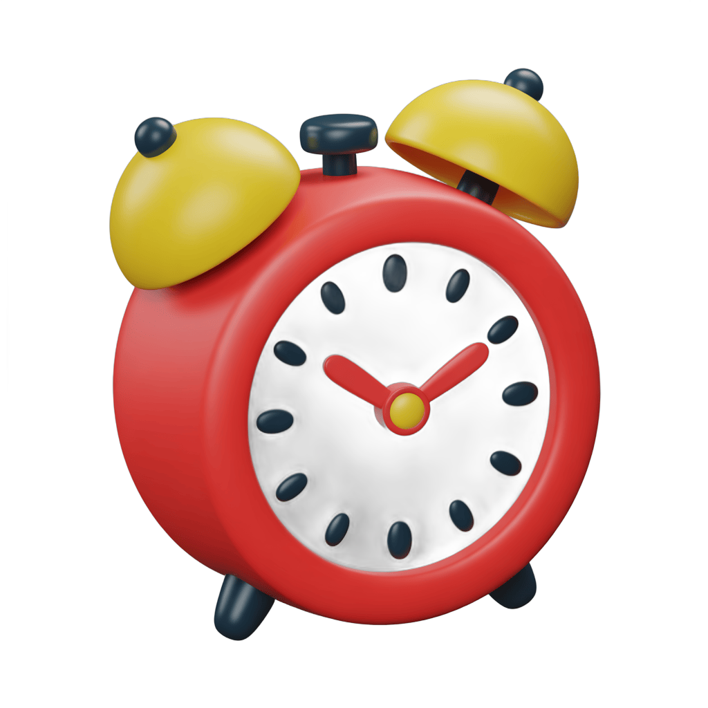 Vibrant red alarm clock with yellow bells isolated on transparent background for graphic design projects PNG - transparent background