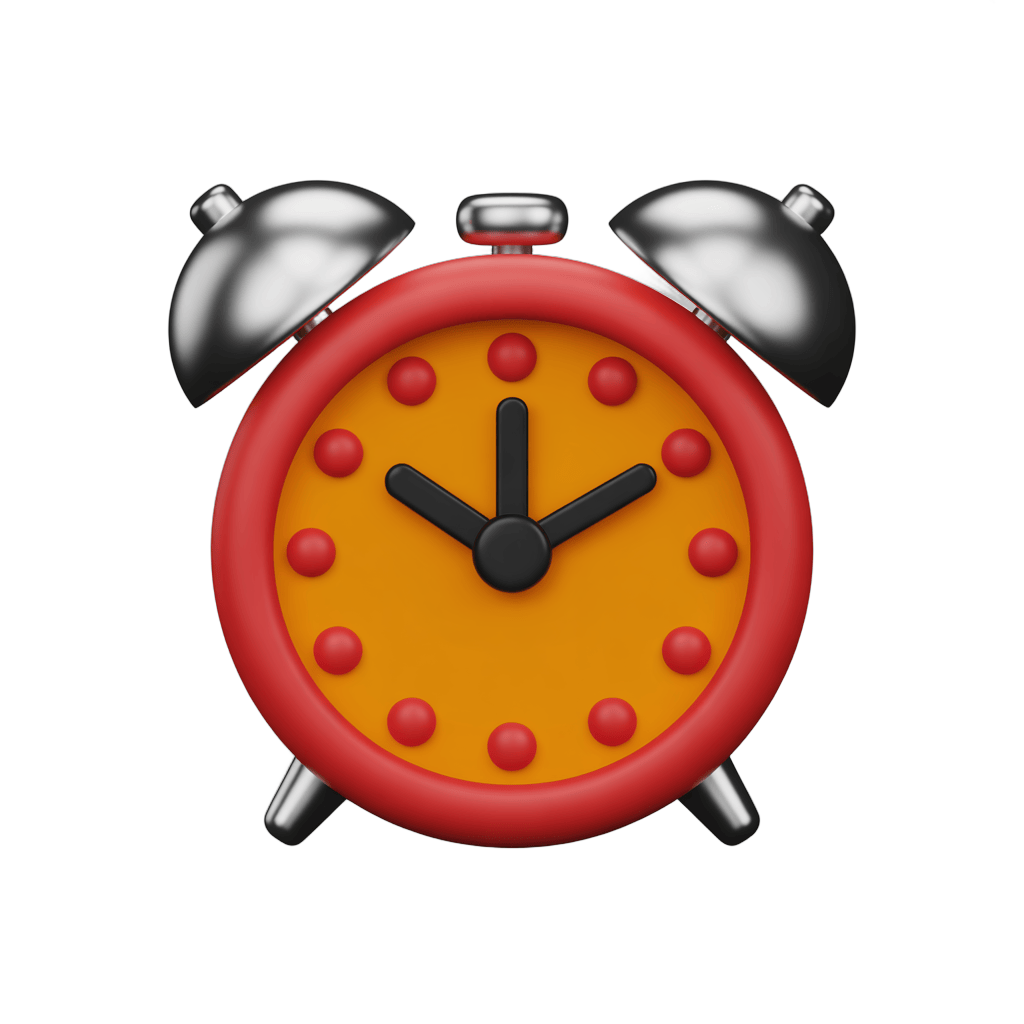 Vibrant red alarm clock with yellow face and black hands isolated on transparent background PNG - transparent background