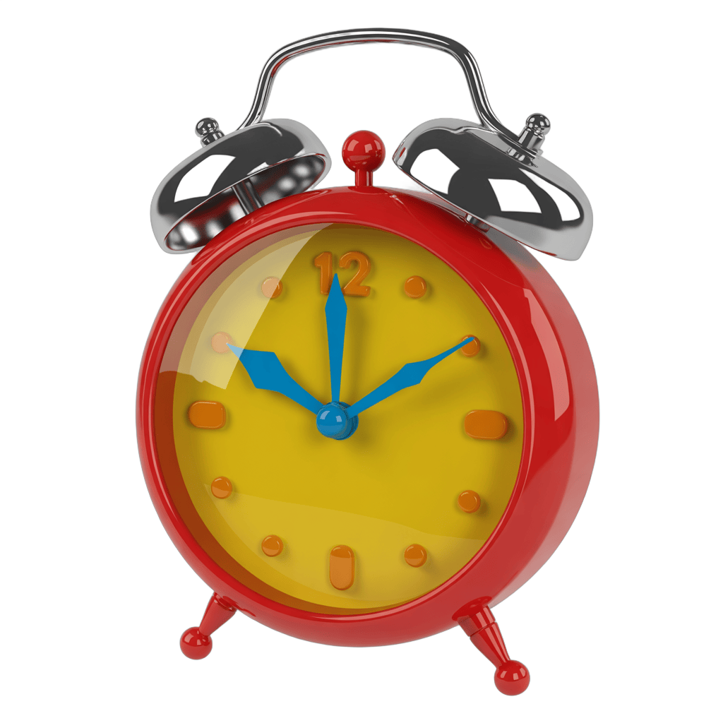 Vintage red alarm clock with blue hands showing time on yellow face isolated transparent background PNG - transparent background
