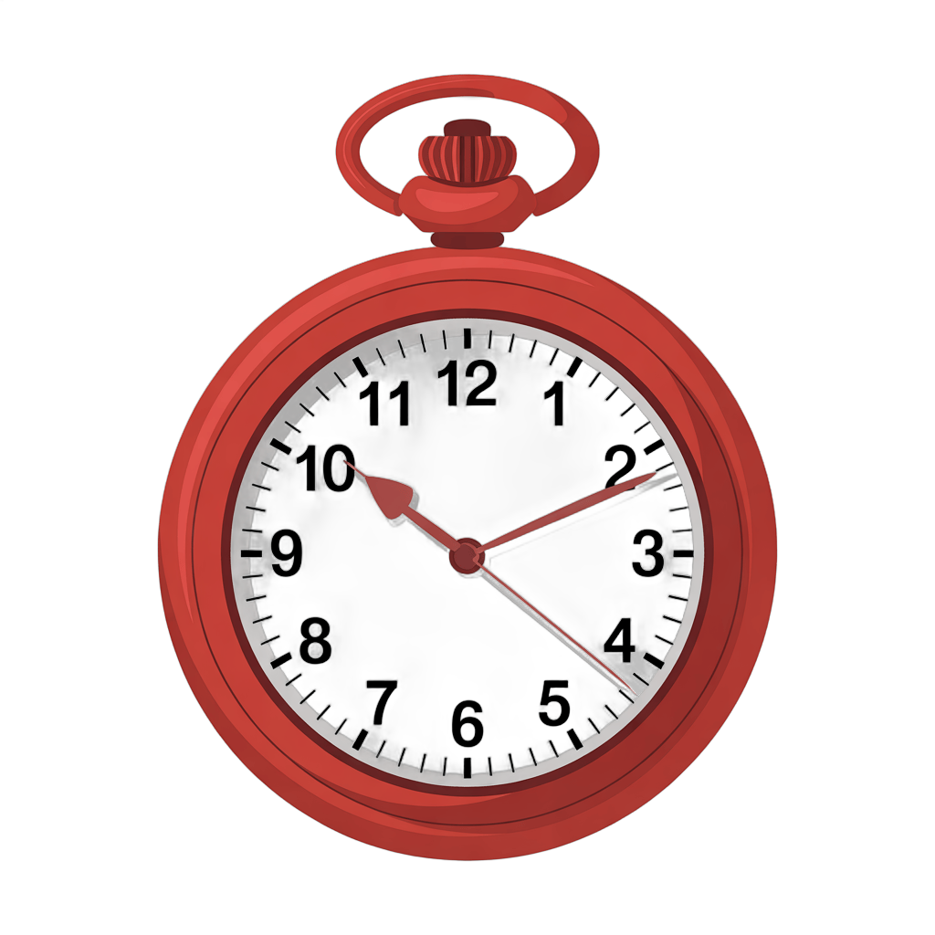 Vintage red pocket alarm clock showing 10:09 time isolated transparent background clipart PNG - transparent background