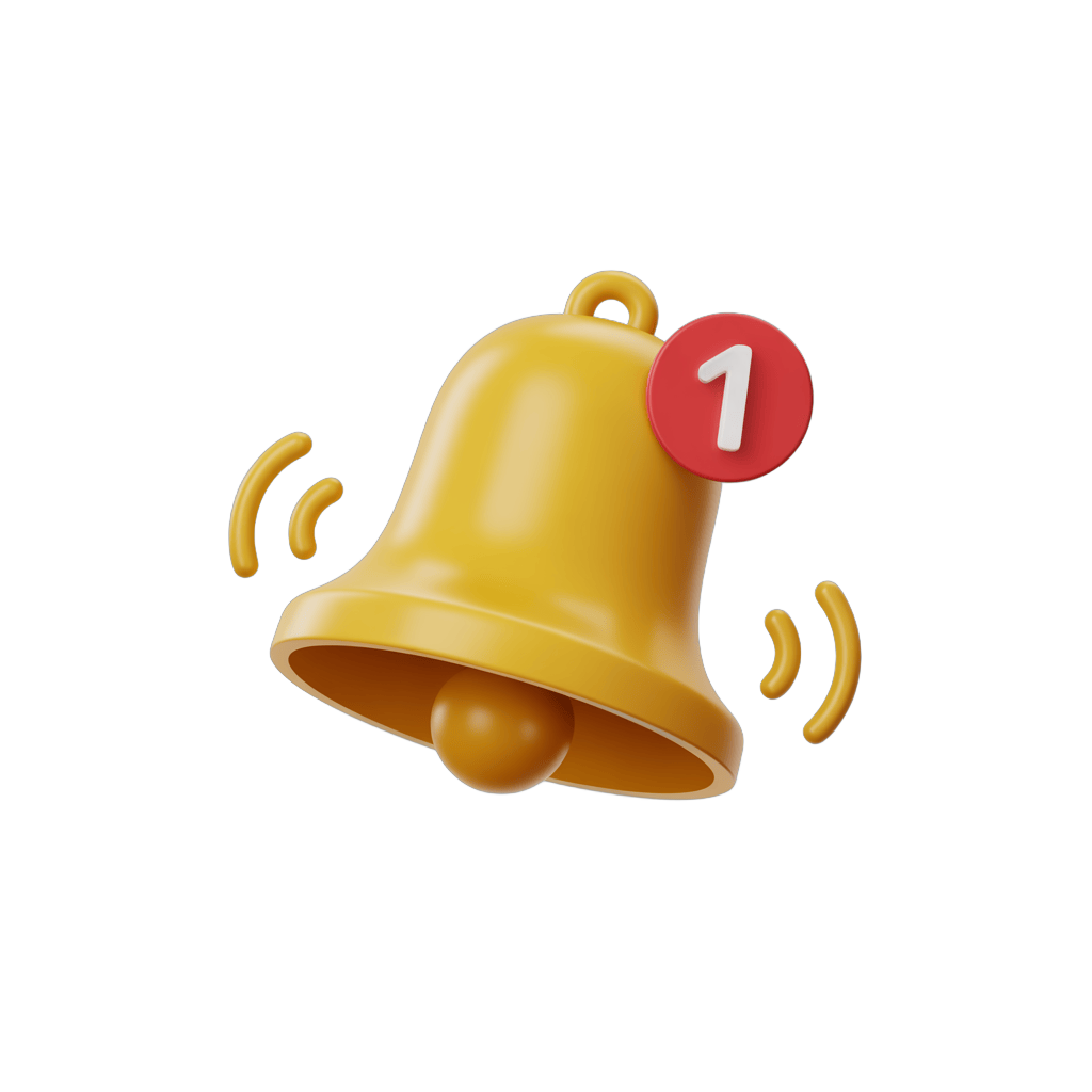 Yellow notification bell with number one alert icon for app updates and priority messages PNG - transparent background