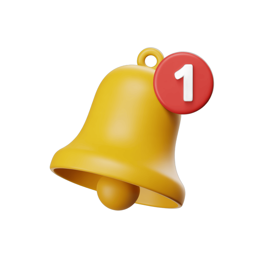 Yellow notification bell with number one badge for alerts and priority updates PNG - transparent background