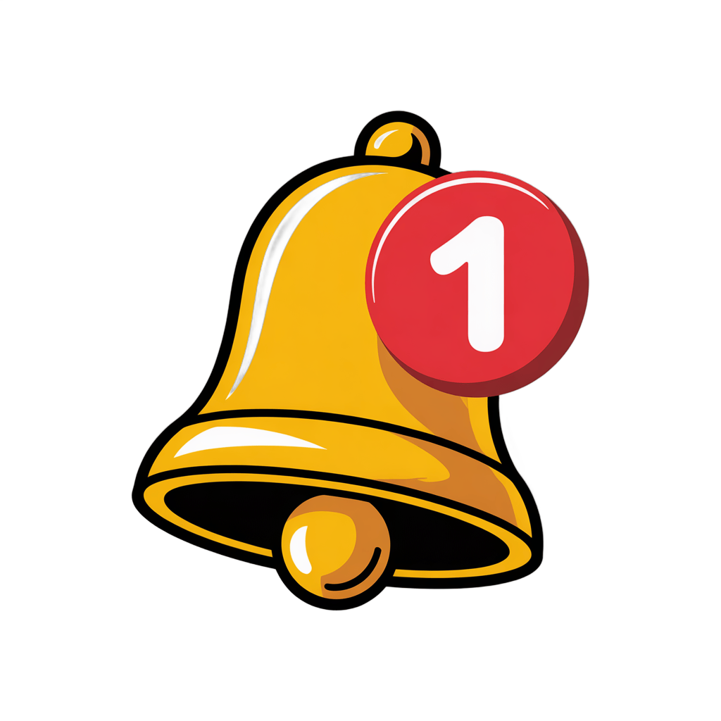 Yellow notification bell with red number one isolated graphic for alerts and messages PNG - transparent background