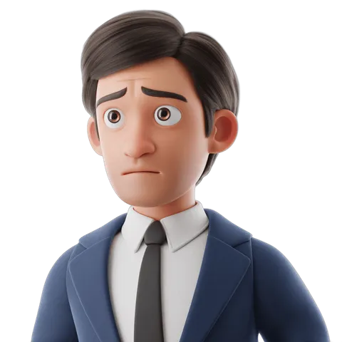 3d animated man in blue suit and tie looking surprised or confused for presentations and business graphics PNG