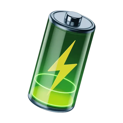 3d cartoon battery icon with lightning bolt energy symbol for power apps and tech graphics PNG