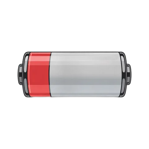 3d cartoon battery icon with red power level indicator for app design and presentations PNG