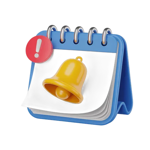 3d cartoon bell alarm warning notification icon on open calendar page for reminders alerts PNG