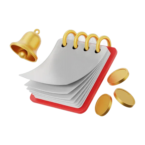 3d cartoon bell coins and notebook stack illustration for business success and notifications PNG