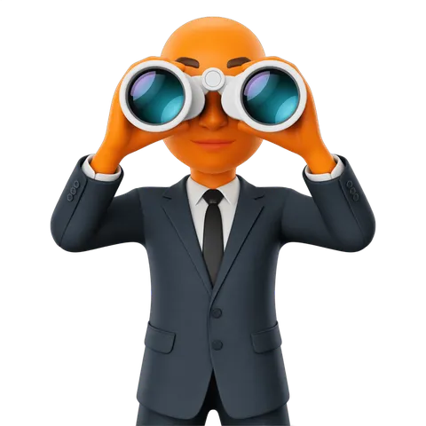 3d cartoon businessman using binoculars for business exploration and strategy planning PNG