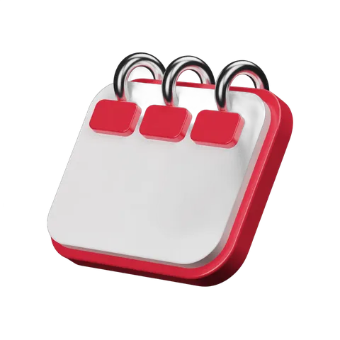 3d cartoon calendar clipart with metal rings and red buttons for scheduling and planning designs PNG