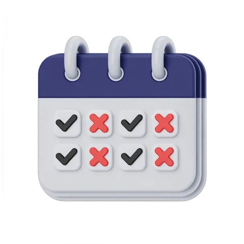 3d cartoon calendar icon with checkmarks and crosses for task management and planning PNG
