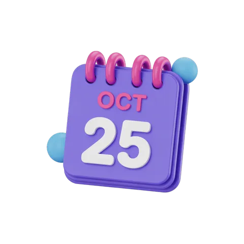 3d cartoon calendar page showing october twenty fifth date for event planning and scheduling PNG