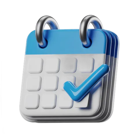 3d cartoon calendar page with checkmark icon for task completion and scheduling success PNG