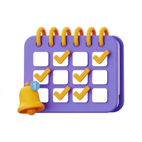 3d cartoon calendar with checked tasks and notification bell for productivity and planning PNG