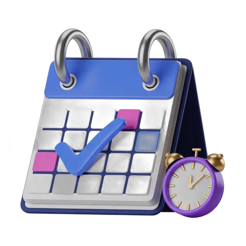 3d cartoon calendar with checkmark and timer for task management and productivity planning PNG