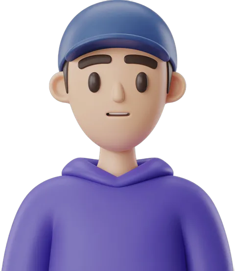 3d cartoon character wearing purple hoodie and blue cap for casual branding and social media graphics PNG