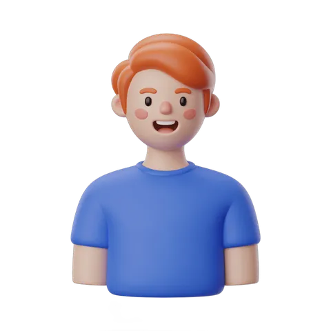 3d cartoon character with red hair smiling in blue t-shirt isolated transparent background clipart PNG