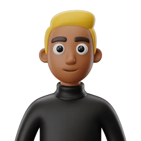 3d cartoon character with yellow hair in black turtleneck for digital illustrations and branding PNG