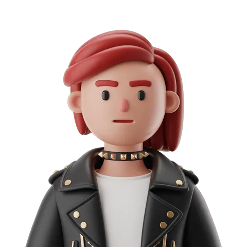 3d cartoon character woman with red hair wearing black leather jacket and choker for apparel design PNG
