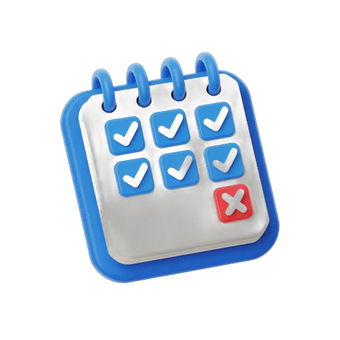 3d cartoon checklist calendar with five tasks completed and one crossed out for project management PNG