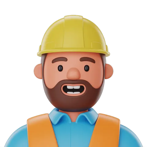 3d cartoon construction worker surprised by unexpected event in safety gear PNG