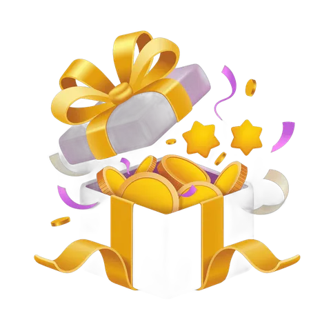 3d cartoon gift box opening with gold coins and celebration stars for holiday promotions PNG
