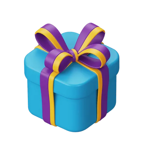 3d cartoon gift box with purple and yellow ribbon for birthday celebration presentation PNG