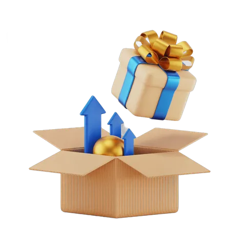 3d cartoon gift box with upward arrows and golden coin rising from open box PNG