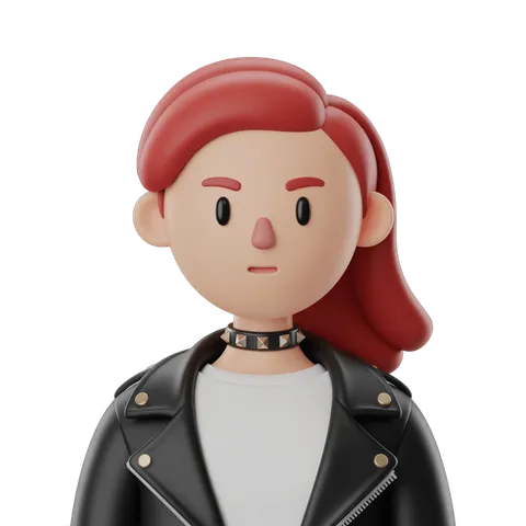 3d cartoon girl with red hair wearing black leather jacket and choker for digital illustrations and branding PNG
