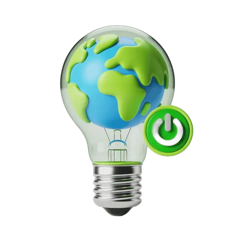 3d cartoon lightbulb with earth inside and green power button for eco friendly business presentation PNG