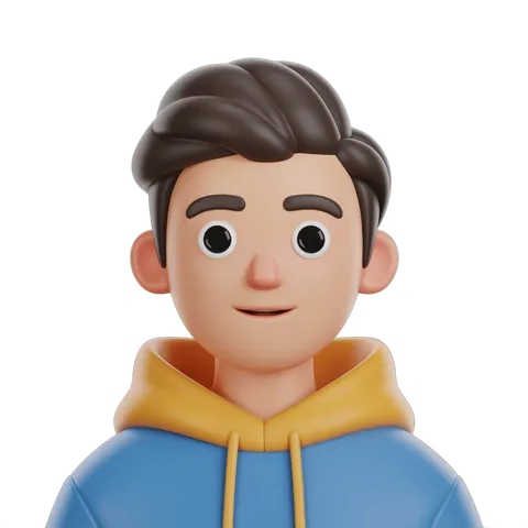 3d cartoon man wearing blue hoodie with yellow hood smiling isolated transparent background clipart PNG