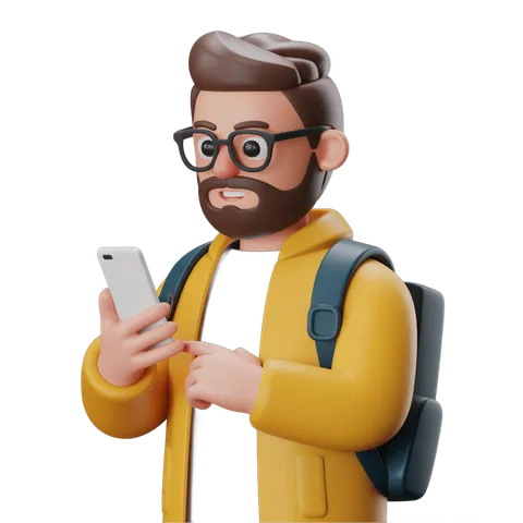 3d cartoon man wearing glasses and yellow jacket using smartphone with backpack for app design PNG