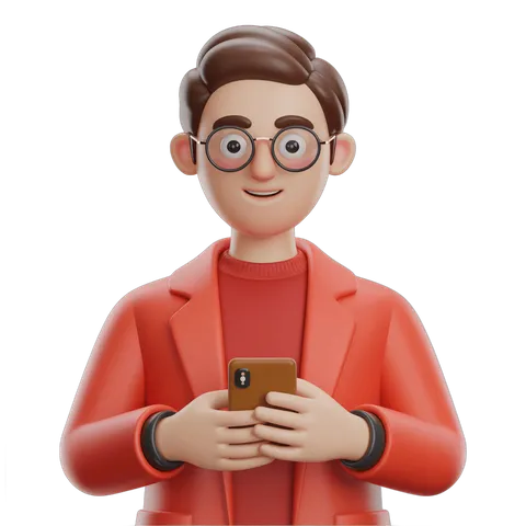 3d cartoon man wearing glasses smiling while using smartphone in casual office setting PNG