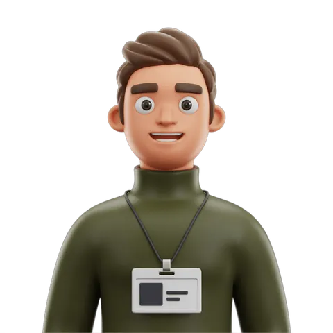 3d cartoon man wearing green turtleneck with name badge for corporate presentations and training materials PNG