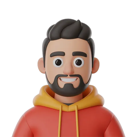 3d cartoon man with beard smiling in red hoodie for digital illustrations and presentations PNG
