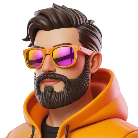 3d cartoon man with colorful sunglasses and beard wearing orange hoodie for digital illustrations PNG