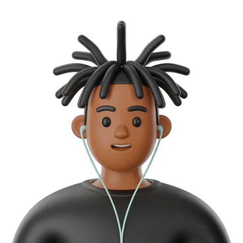 3d cartoon man with dreadlocks listening to music with wireless earbuds isolated clipart PNG