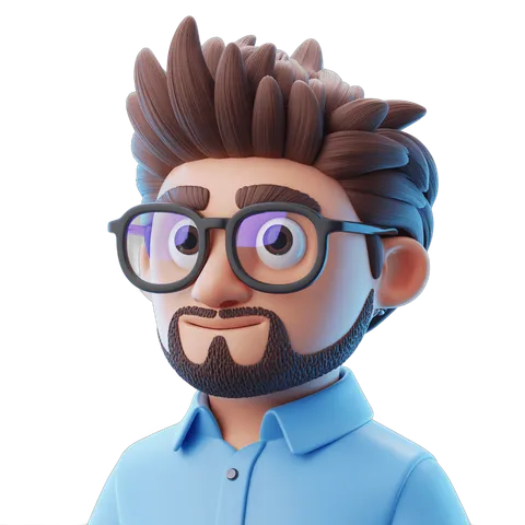 3d cartoon man with glasses and beard wearing blue shirt for presentations and branding graphics PNG
