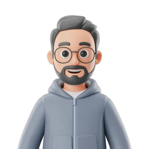 3d cartoon man with glasses and beard wearing gray hoodie for presentations and digital content PNG