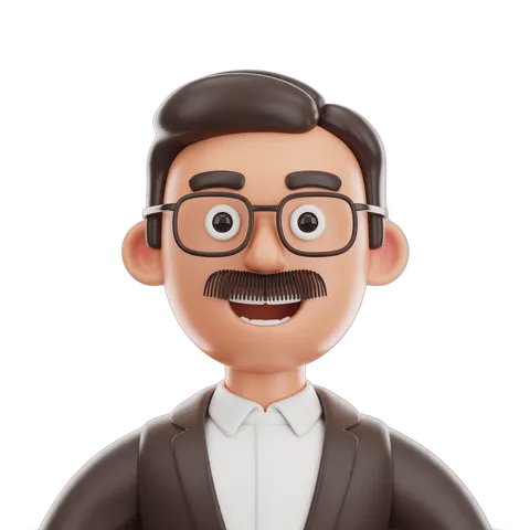 3d cartoon man with glasses smiling in brown suit for presentations and business graphics PNG