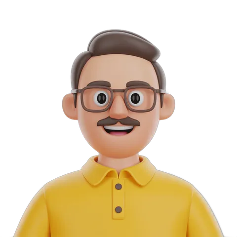 3d cartoon man with glasses smiling in yellow polo shirt isolated transparent background clipart PNG
