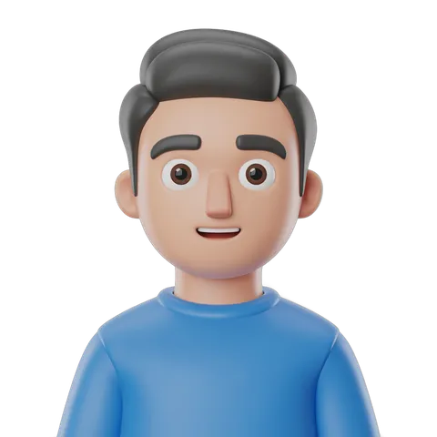 3d cartoon man with short dark hair smiling in blue shirt isolated transparent background clipart PNG