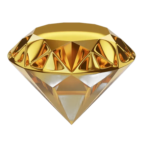 3d cartoon render of a large faceted golden diamond gemstone graphic element for luxury branding PNG