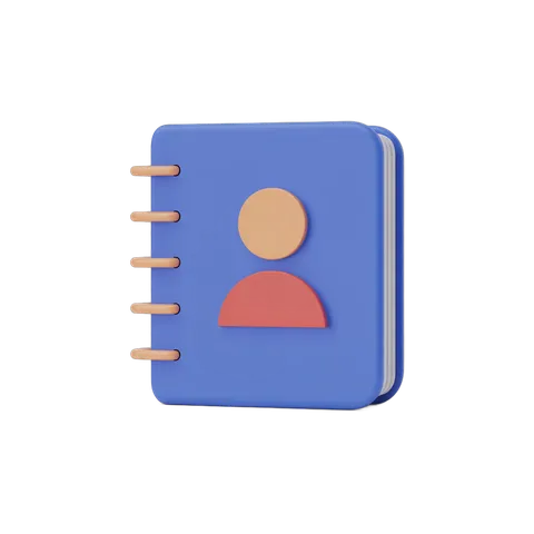 3d cartoon rendering of a blue notebook with person icon for user profile or member directory design PNG