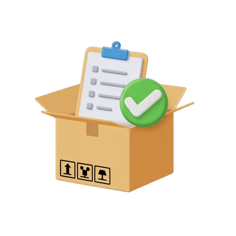 3d cartoon shipping checklist with approval icon in open box for delivery confirmation PNG