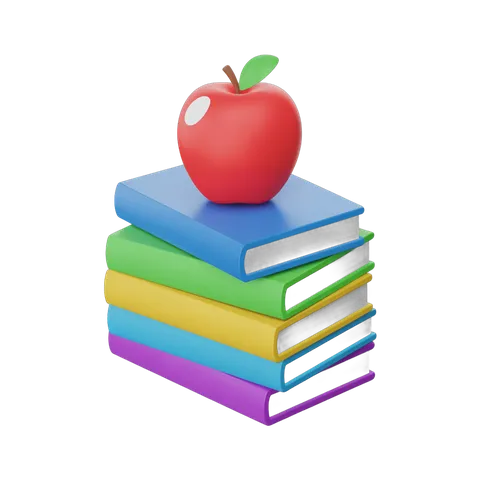 3d cartoon stack of colorful books with apple on top for education and school graphics PNG