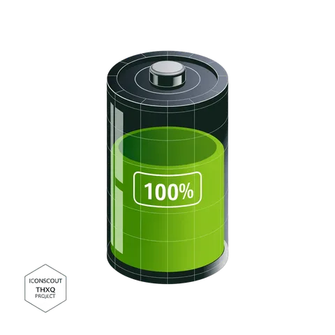 3d cartoon style battery icon showing full 100 percent charge for app interface and website design PNG