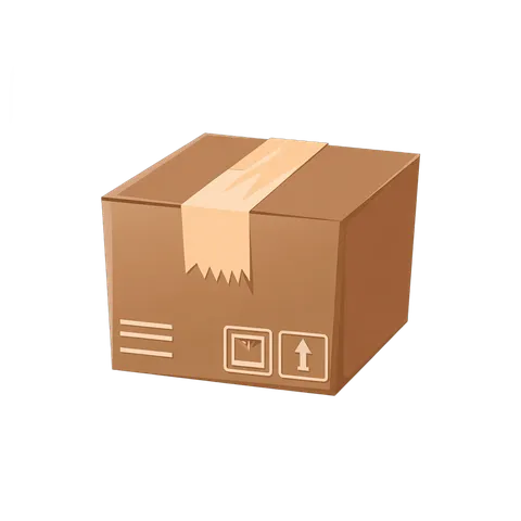 3d cartoon style brown cardboard box with handle and delivery icons for packaging design PNG