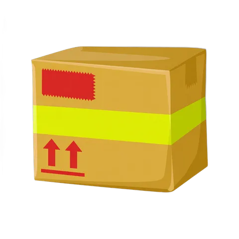 3d cartoon style cardboard box with arrows and red label for shipping delivery packaging design PNG
