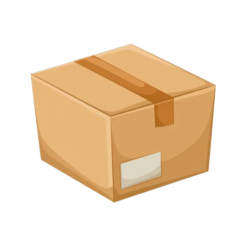 3d cartoon style cardboard box with tape and label cutout for packaging design and ecommerce graphics PNG